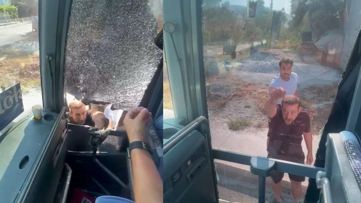 Aydın'da turistlerin bulunduğu otobüsün önünü kesip, şoföre taşla saldırdılar
