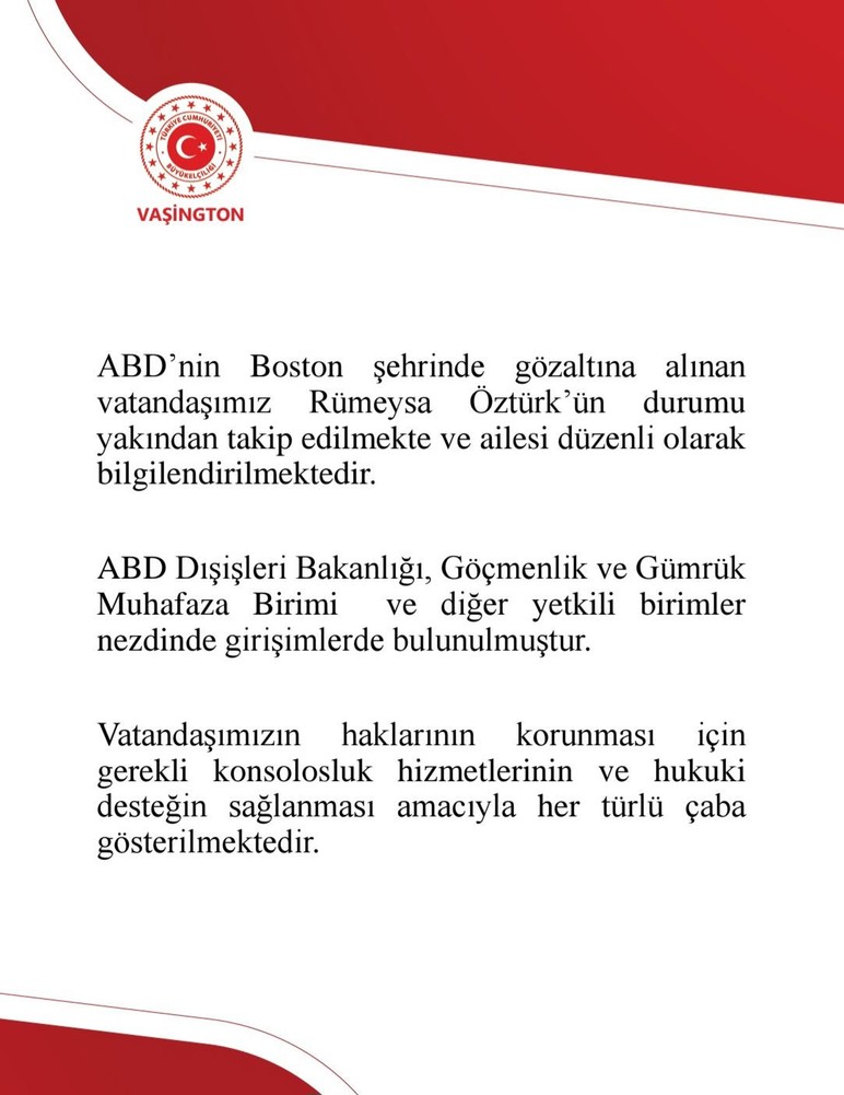 ABD'de gözaltına alınan Türk doktora öğrencisi Rumeysa Öztürk'ün akıbetiyle ilgili büyükelçilikten açıklama - Resim : 1