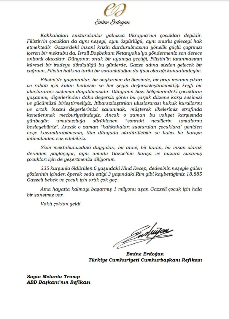 Carta de Gaza de Emine Erdogan a Melania Trump - Imagen: 3