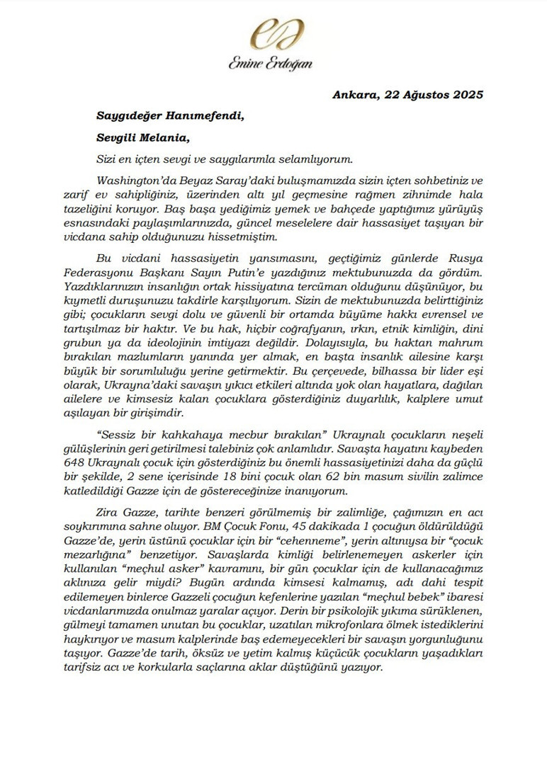 Carta de Gaza de Emine Erdogan a Melania Trump - Imagen: 2