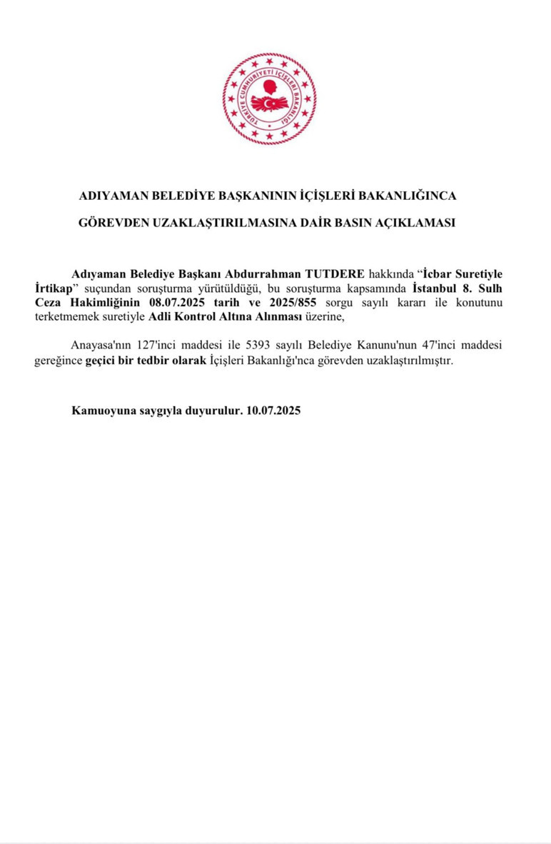 Adıyaman Belediye Başkanı Tutdere görevden uzaklaştırıldı - Resim : 1