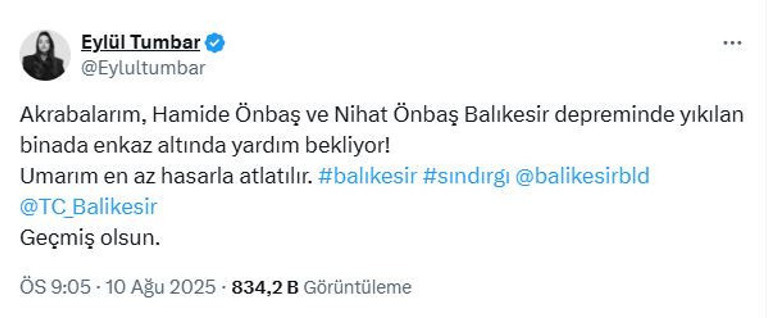 Eylül Tumbar Balıkesir depreminde amcasını kaybetti