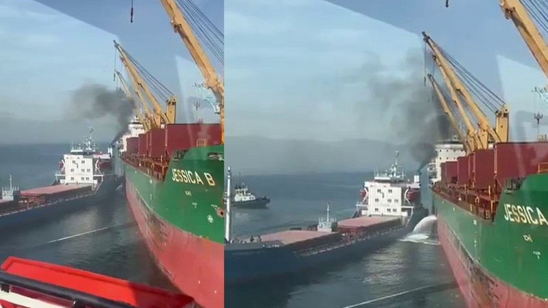 Bursa'da limandan çıkan gemi, başka bir gemiye çarptı! O anlar kamerada...