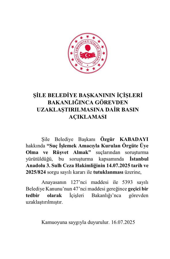 Şile Belediye Başkanı Özgür Kabadayı görevden uzaklaştırıldı - Resim : 1