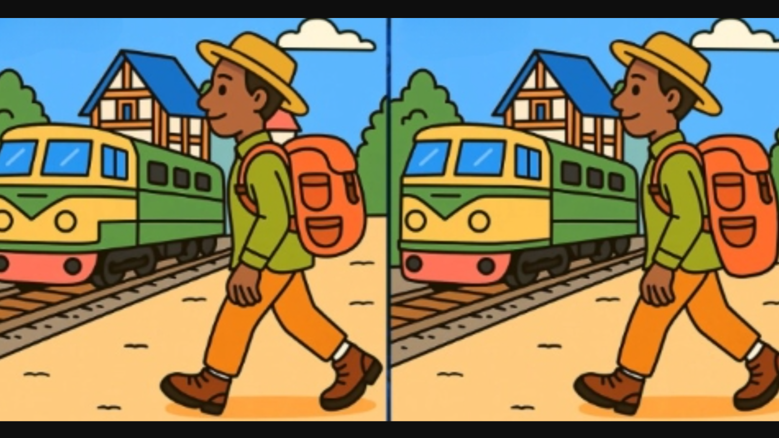 Tren yoluna doğru yürüyen erkek iki yolcu arasındaki 3 farkı sadece gerçek dahiler 17 saniyede buluyor